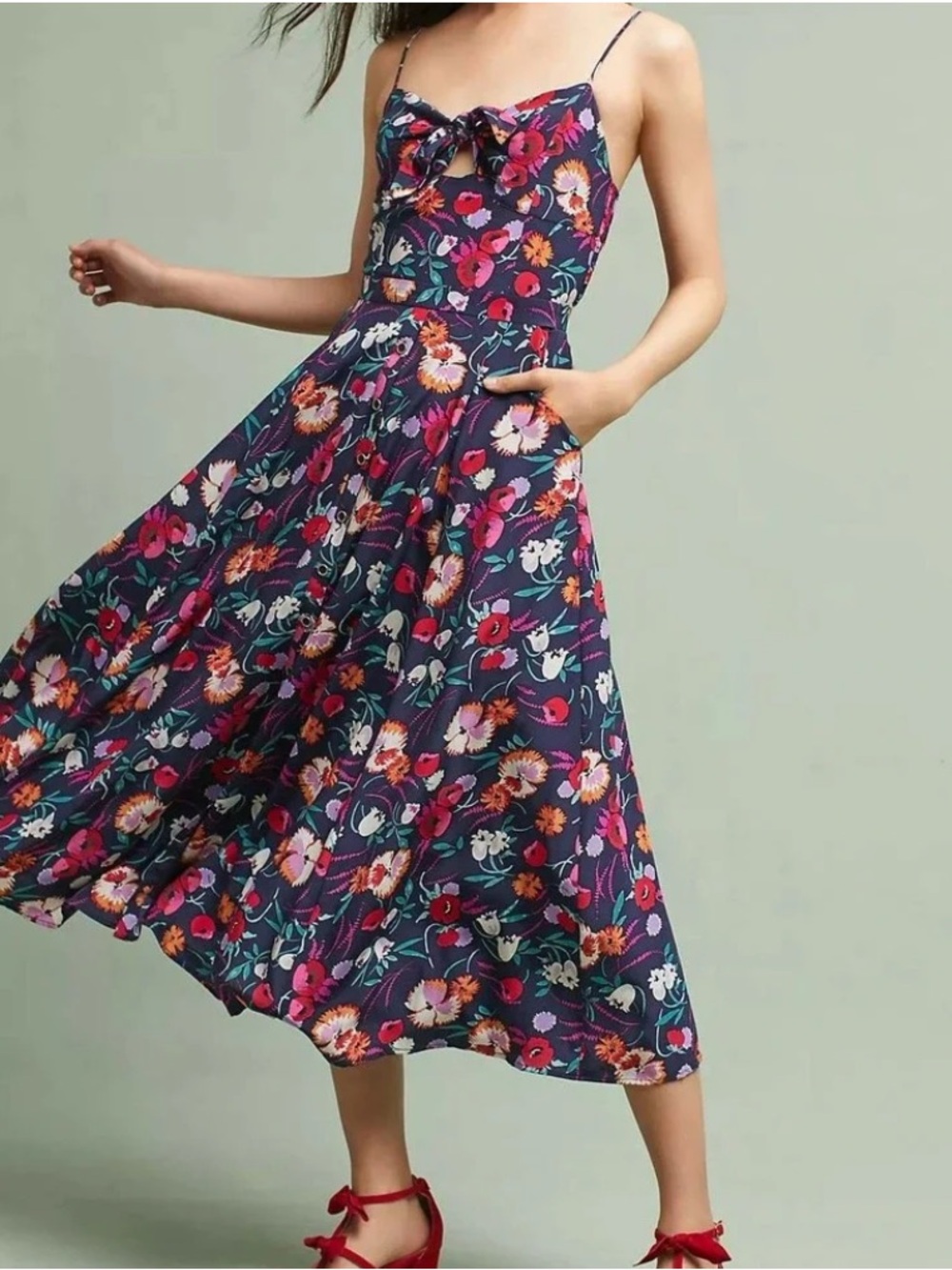 Anthropologie Yumi Kim Floral Blue Pink Pretty Woman 100% Silk Midi Dress Medium